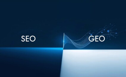 Overgang fra SEO til GEO visualiseret som en digital transformation &ndash; fra klassisk s&oslash;gning til AI-drevet citation.